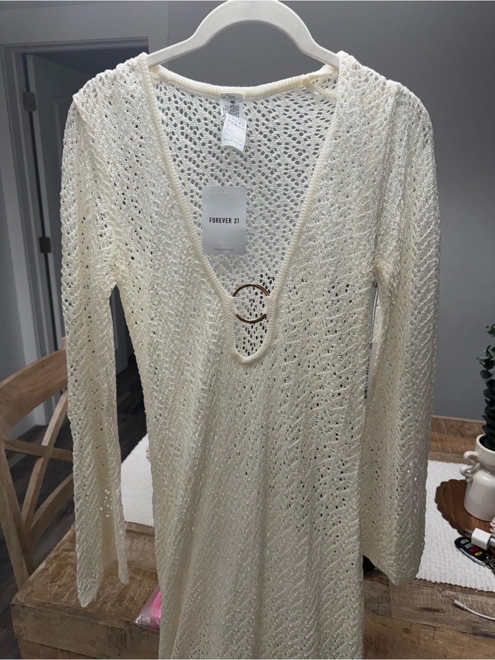 Forever 21 Cream Crochet V-Neck Coverup Dress with Ring Detail